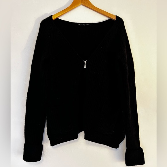🖤 LA FÉE VERTE Cashmere Zipper Patch Pocket Asymmetrical Sweater XS VGUC Black - Picture 2 of 7
